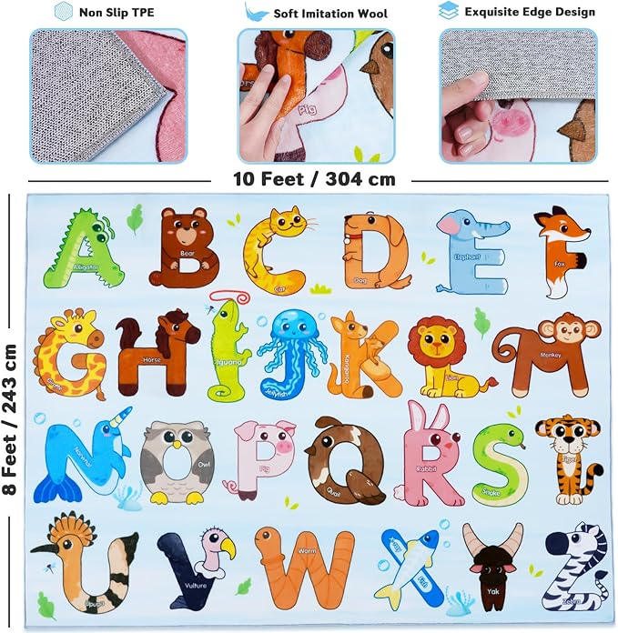 Kids Rugs for Playroom, 8x10 Feet Educational Rug for Learn The ABC Alphabet, Soft Machine Washable Non-Slip Cute Animal Carpet for Classroom Toddler Nursery Kids Room Decor Mat, Blue
