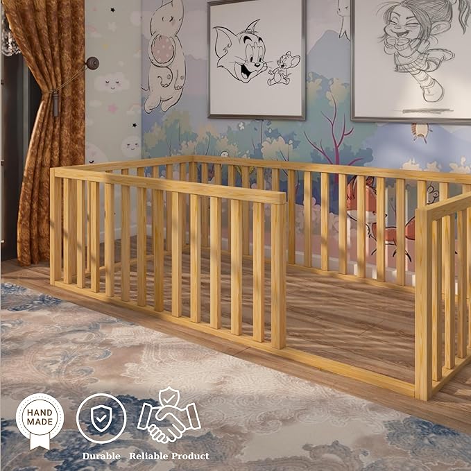 Montessori Floor Bed for Kids 52x27,5'' | Toodlers Floor Bed with Safety Guardrails | Pine Wood Baby Bed | Sturdy Wood Frame Bed for Girls and Boys (Crib, Height : 17 Inches)