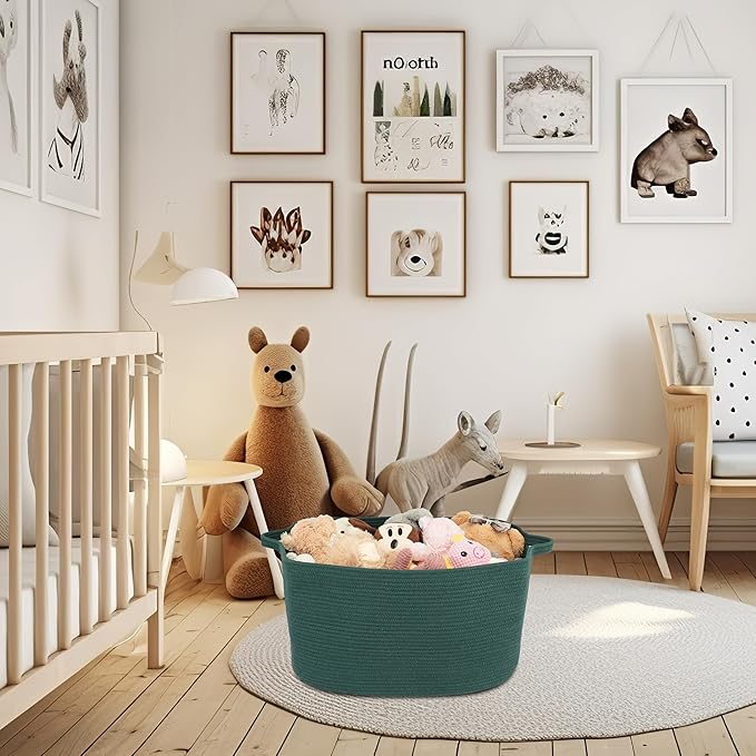 Large Rectangle Blankets Basket Living Room 22"x17"x12" Woven Cotton Rope Storage Basket for Nursery Toy Baskets for Kids and Dogs Wicker Laundry Baskets Bin for Clothes Towels dark green