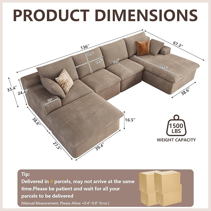 136" Cloud Modular Sectional Sofa with 1 Ottoman, Deep Seat Boneless Couch, Modern Upholstered Corduroy Couches, Comfort U Shaped Sofa for Living Room, No Assembly Required(Camel,Right Facing Chaise)