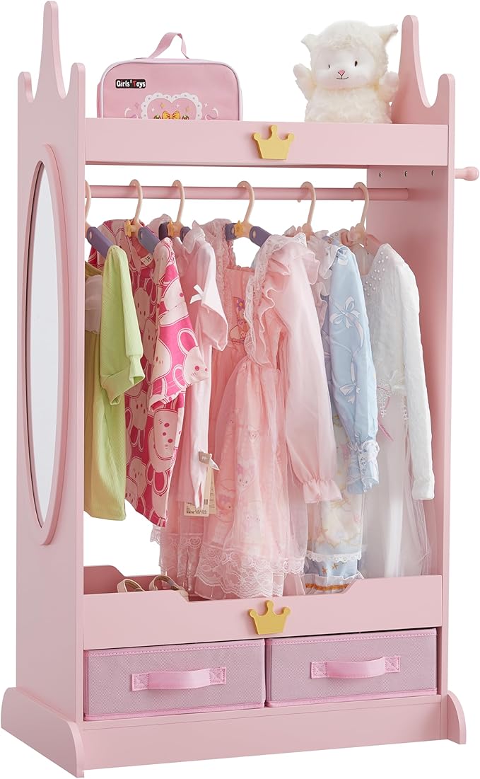 Kids Dress Up Storage with Mirror, Kids Armoire with Non-Woven Drawers, Open Costume Closet with Hanging Rack for Toddlers (Pink)