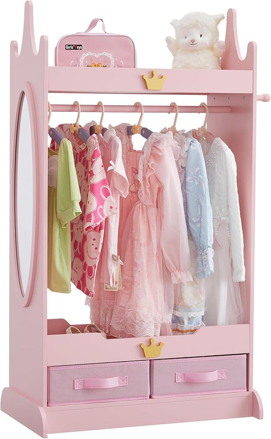 Kids Dress Up Storage with Mirror, Kids Armoire with Non-Woven Drawers, Open Costume Closet with Hanging Rack for Toddlers (Pink)