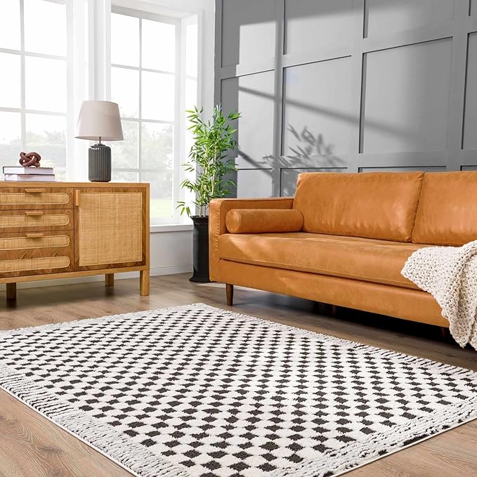 Hauteloom Leryn Contemporary Checkered Area Rug - Modern Geometric Bordered Carpet for Living Room, Bedroom - Checkboard Design - Square Tiles - High Pile - Black and White - Off White - 18" Sample