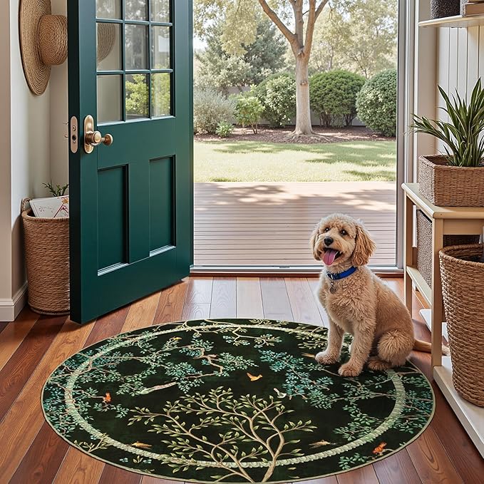 jinchan Yarden Christmas Round Rugs 4ft Moss Green Botanical Birds Print,Machine Washable 4' Circle Nature Plants Modern Soft Non-Slip Throw Area Rugs,Low Pile Carpet for Entryway Bedroom Kids Room
