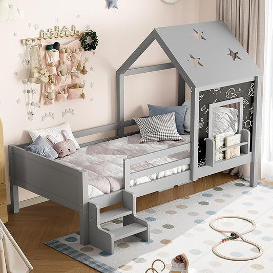 Bellemave Twin House Bed with Rails or guardrails and Bookcase, Wooden Twin House Shape Platform Bed for Boys, Girls, Teens, Gray
