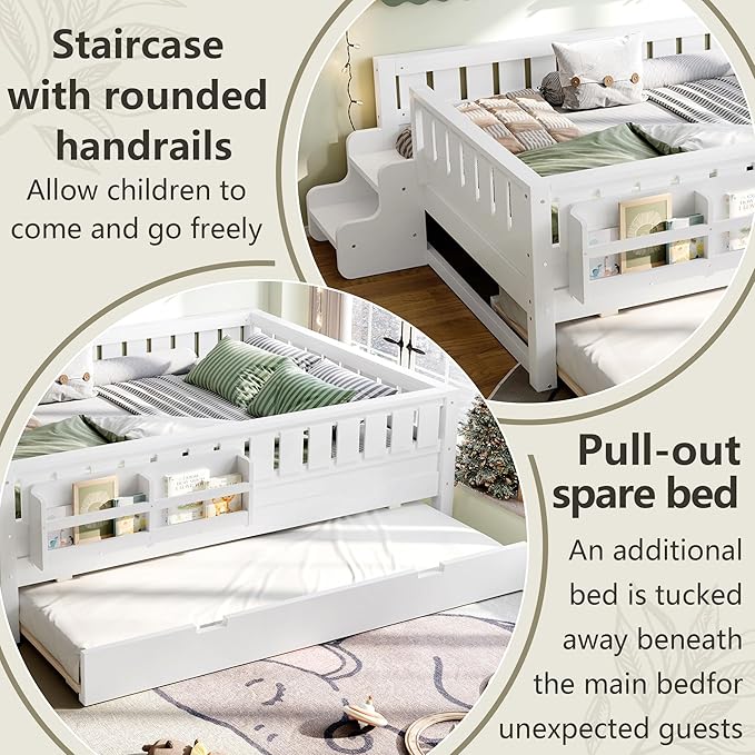 Bellemave Full Bed with Trundle and Stairs, Full Size Platform Bed Frame with Fence and Bookshelf, Easy Assemble Beds for Kids, Girls, Boys, White