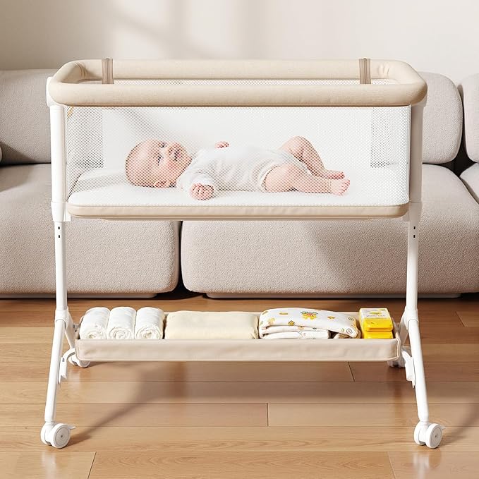 Bassinet Bedside Sleeper - All-Mesh Design, Portable Bedside Bassinet for Baby with Washable Mattress, 5 Adjustable Heights（Beige）