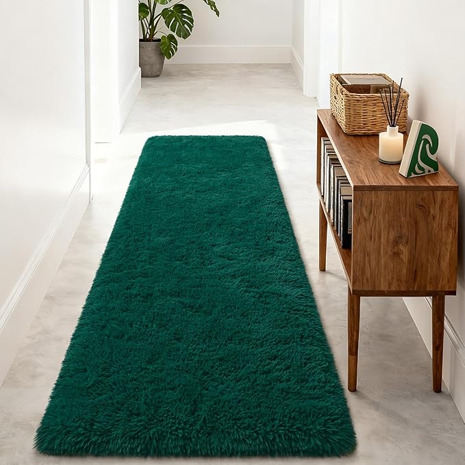 Merelax Soft Fluffy Area Rug for Living Room Bedroom, 2x8 Runner Rug for Hallway, Shag Furry Bedside Indoor Accent Floor Carpet, Non-Slip Plush Rug for Nursery Kids Room Dorm, Deep Green
