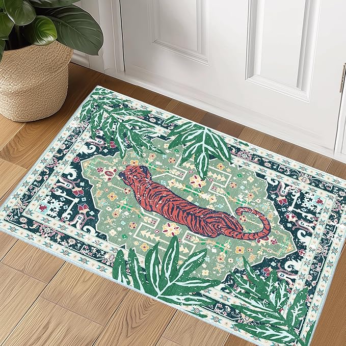 Door Mat Indoor Entrance 2x3 Rug Washable Non-Slip Green Tiger Rug for Bathroom Kitchen Entryway Animal Cheetah Print Jungle Rug Boho Vintage Soft Cozy Tropical Woodland Carpet
