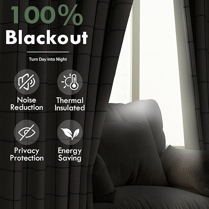 DriftAway 2 Panels 100% Blackout Windowpane Plaid Linen Curtains Double Layer Drapes for Bedroom 90 Inches Long Farmhouse Thermal Insulated 3.25 Inch Rod Pocket Back Tab for Living Room Loden Green