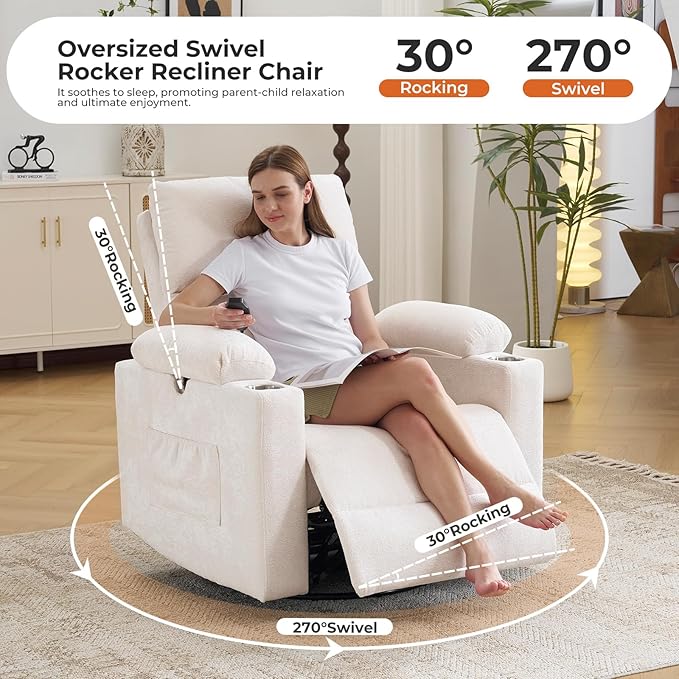 Rocking Chair Nursery with Adjustable Armrests, Electric Glider Recliner Nursing Chair for Breastfeeding, Power Swivel Recliner Chairs with Massage and Heat, Adjustable Headrest , FSC Certified, White