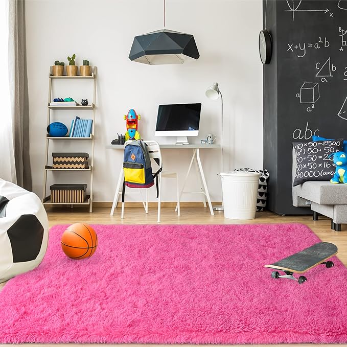 Merelax Modern Soft Fluffy Large Shaggy Rug for Bedroom Livingroom Dorm Kids Room Indoor Home Decorative, Non-Slip Plush Furry Fur Area Rugs Comfy Nursery Accent Floor Carpet 4'x6' Hot Pink
