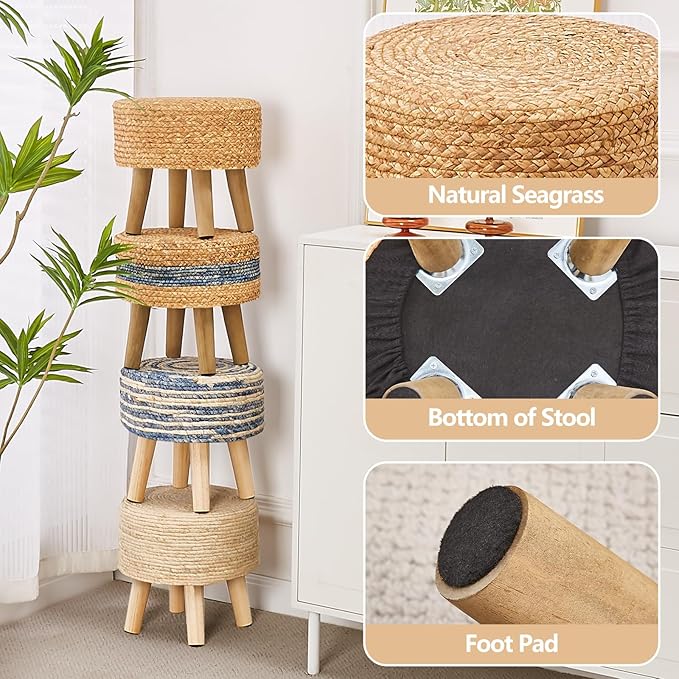 Cpintltr Round Ottoman Natural Seagrass Footstool Hand Weave Water Hyacinth Poufs Eco Friendly Sofa Foot Stool Soft Step Stool Padded Foot Rest with Pine Legs for Living Room (Natural)