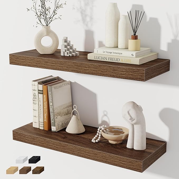 Floating Shelves for Wall, 24 Inch Floating Shelves Set of 2, Wall Mounted Rustic Wood Shelf for Bathroom, Living Room, Bedroom and Kitchen, Hanging Shelf for Storage, Books, Home Decor, Walnut