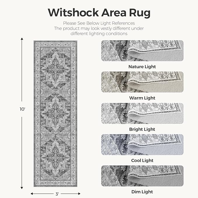 WITSHOCK Kitchen Runner 3x10: Washable Long Runner Vintage Boho Low Pile Stain Resistant Foldable Carpet for Bedroom Hallway Entryway Indoor Entrance, Oriental Distressed Farmhouse Home Decor, Grey