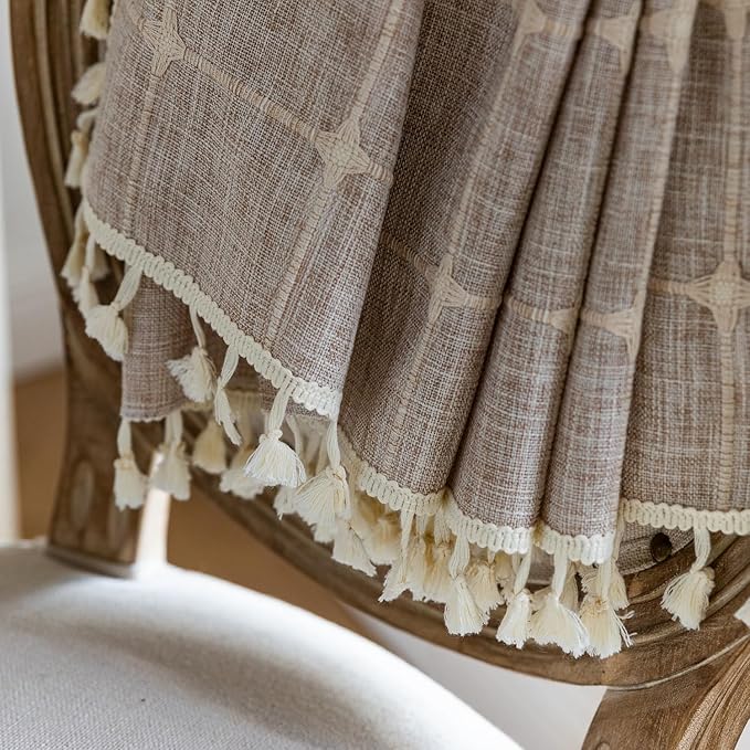 Deeprove Boho Curtains 96 Inches Long for Bedroom, Cotton Linen Light Brown Plaids Embroidery Semi Blackout Bohemian Aesthetic Window Treatment Grids Drape Tassels, 1 Panel W52 x L96 Tan