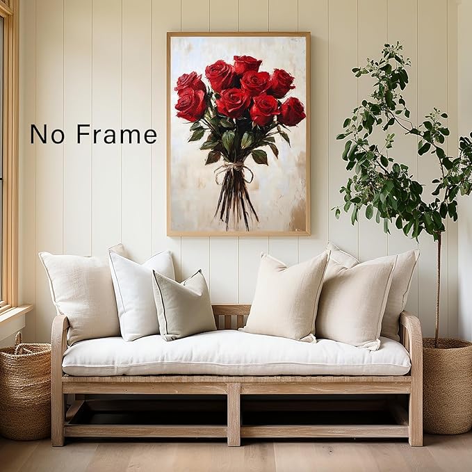 Vintage Flower Canvas Wall Art Red Rose Painting French Country Flowers Prints Farmhouse Rose Poster Floral Still Life Prints Retro Flower Botanical Painting Red Floral Posters 16x24inch Frameless