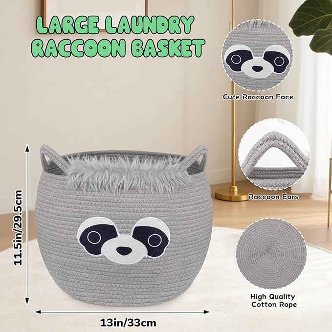 Large Basket for Nursery, Raccoon Blanket Gift Basket, Woven Rope Cotton Storage, Baby Bear Laundry 0rganizer with Ears Handles, Cute Animal Baskets Clothes Gifts Decor Storage Bins,13"D×12"H