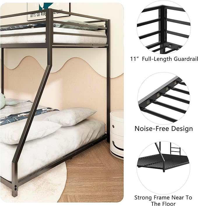 Twin Over Full Bunk Bed for Adults with Stairs Flat Rungs, Metal Bunk Beds Twin Over Full Size for Teens Dorm Bedroom Guest Room,Heavy Duty Bunk Beds with Ladder and Guardrail
