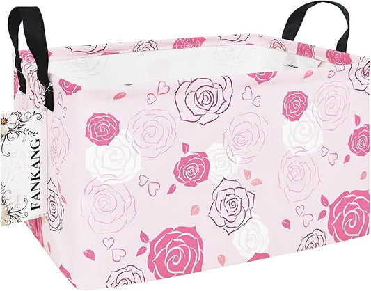 FANKANG Storage Bins, Nursery Hamper Canvas Laundry Basket Foldable with Waterproof PE Coating Large Storage Baskets for Kids Boys and Girls, Office, Bedroom, Clothes,Toys(Rec-Pink roses ）
