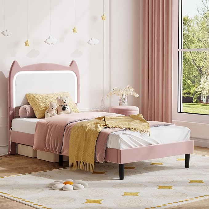 Twin Princess Bed Frame for Girls with LED Lights & Heavy-Duty Bed Leg Supports - Pink Velvet Upholstered Cat Headboard Platform Bed - Enhanced Stability, No Box Spring Needed, App/Remote Control