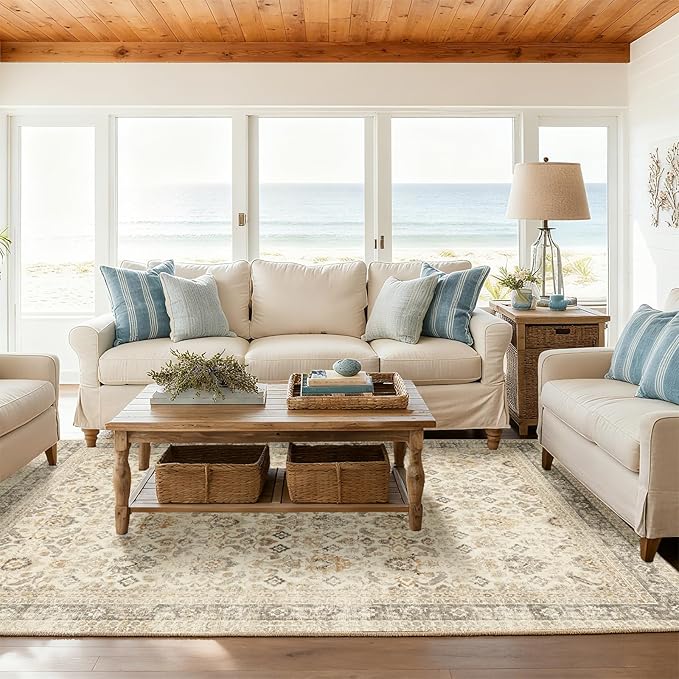 Washable 8x10 Area Rugs for Living Room, Boho Non-Slip Vintage Distress Large Rugs for Bedroom Dining Room Nursery Office, 0.3" Neutral Oriental Throw Thin Carpet, Grey/Beige/Orange/Multi