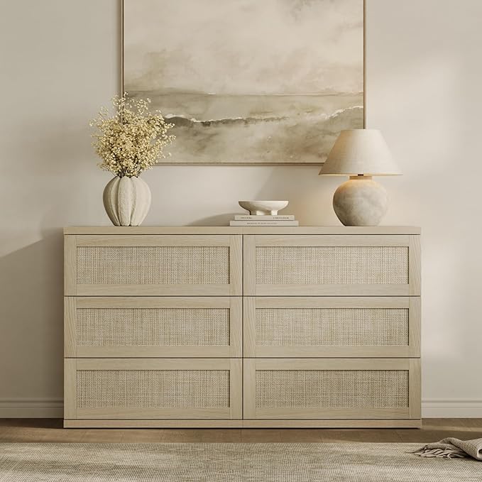 SICOTAS Dresser for Bedroom - 6 Drawer Dresser for Nursery 50" Wide Rattan Dressers & Chests of Drawers Boho Drawers for Bedroom Living Room Clothes Large Closet Storage for Closet Hallway Entryway