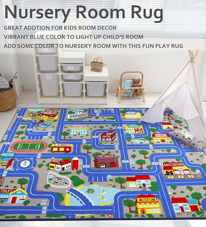 Kids Carpet Playmat Rug 5'0''x6'6'', Kids Rugs for Bedroom, Non-Slip Town City Road Map Car Rugs for Kids Toy Cars, Track Carpet Play Rug for Playroom Classroom Decor (Blue)