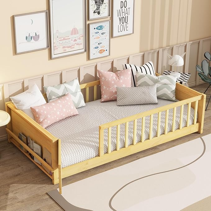 Twin Toddler Floor Bed with High Rails, Wooden Montessori Bed Frame with Door & Built-in Book Rack, Twin Size Bed Frame for Kids, Boys and Girls, Natural