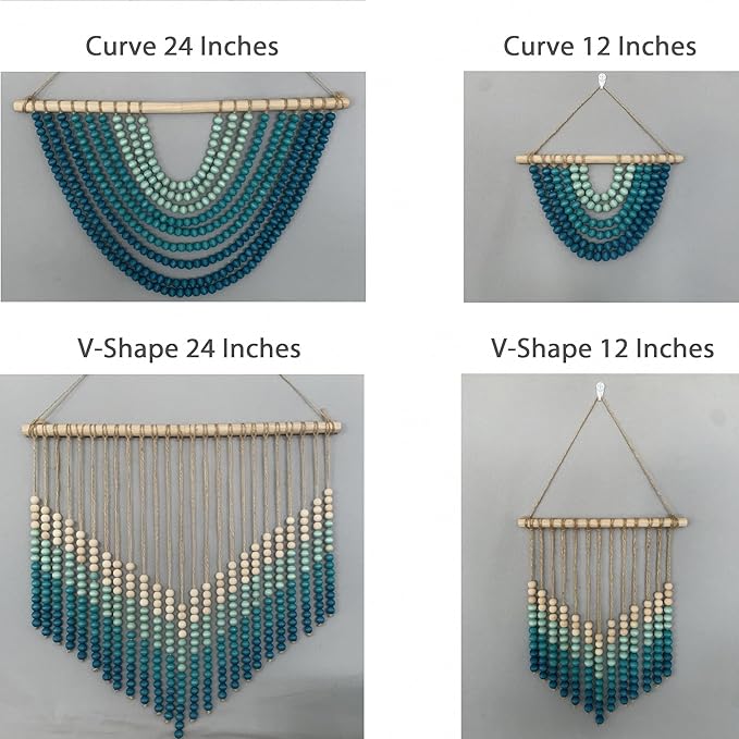 Boho Ombre Wood Bead Wall Hanging, Handmade Unique Giant Art Decor for Bedroom, Nursery, Living Room, or Entryway (Curve Coastal Blue Gradient, 24 Inches)