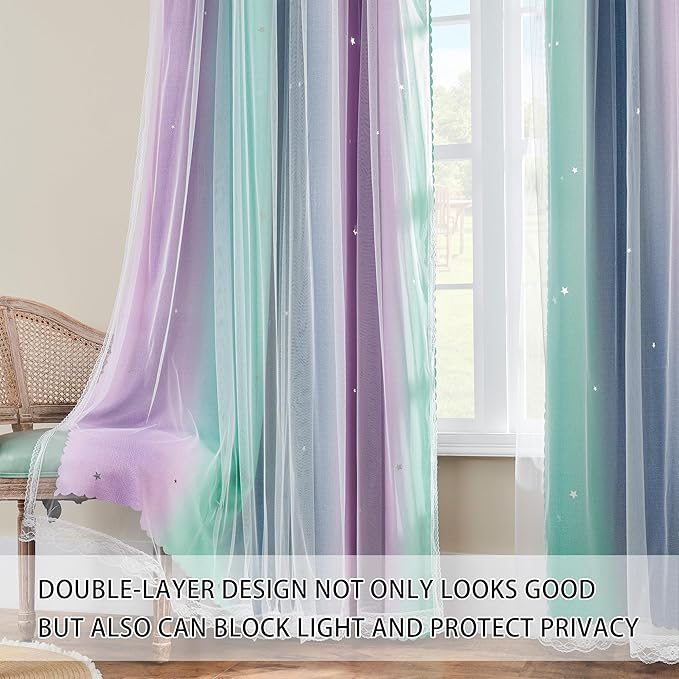 XiDi Purple Grey Green 90 Inches Blackout Curtains for Girls Bedroom 2 Panels Set, Rainbow Curtains for Kids Room Decor, Unicorn Wall Decals Drapes for Little Girl Nursery Room Grommet 52 Inches Wide