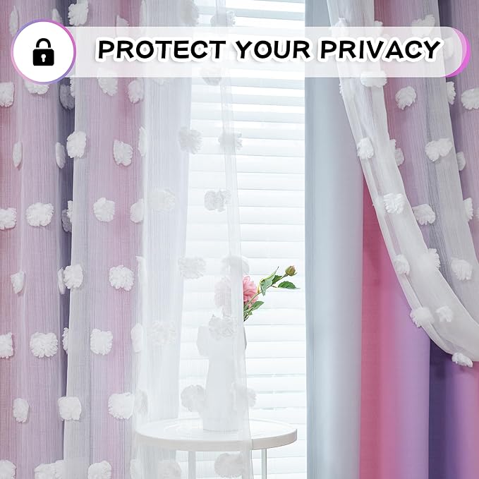 MYSKY HOME Pink Curtains 95 Inch Purple Curtains for Toddler Bedroom White Sheer Pom Pom Double Layer Blackout Curtains for Kids Grommet Room Darkening Curtains for Sliding Door 2 Panels 52 x 95 in