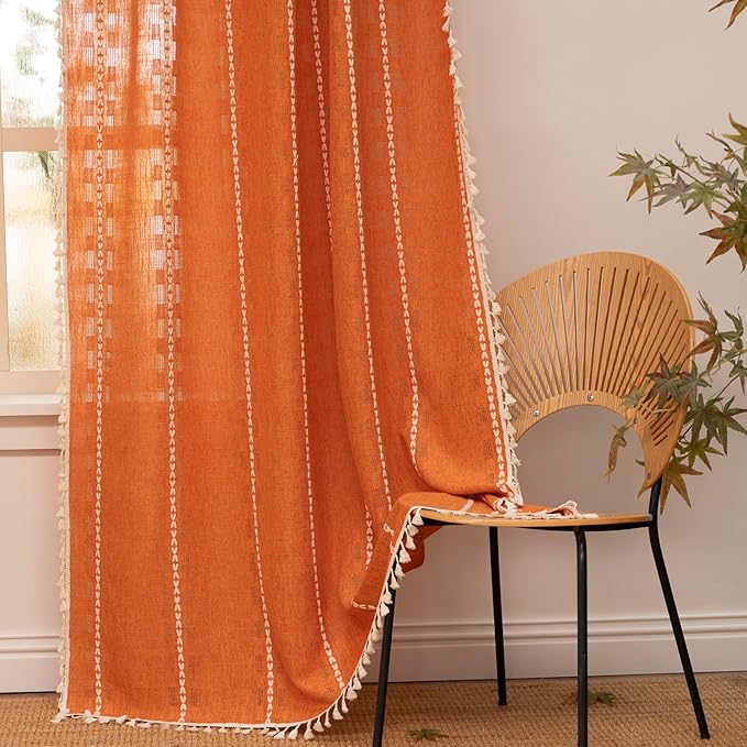 Deeprove Orange Boho Curtain 84 inches Length for Living Room Bedroom, Bohemian 84 inches Long Burnt Terracotta Fall Embroidery Textured Halloween Privacy Window Thanksgiving Decor W52 x L84, 1 Panel