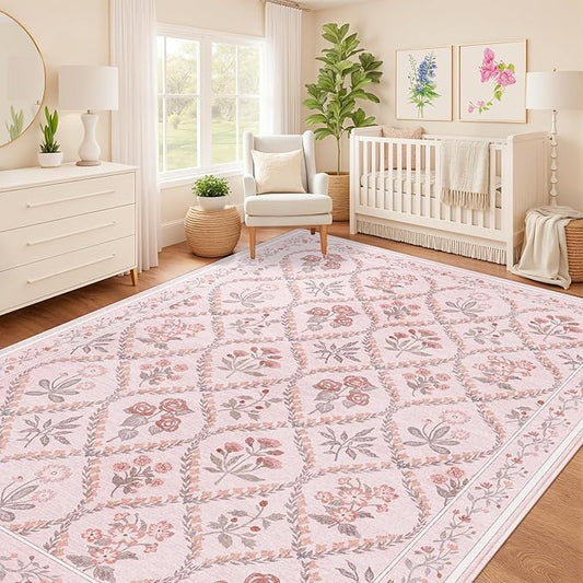 Nursery Rug for Baby Girl, 5x8 Washable Pink Rugs for Bedroom Girls, Soft Faux Wool Cute Pink Boho Floral Area Rugs for Living Room Kids Room Playroom, Pink Multi