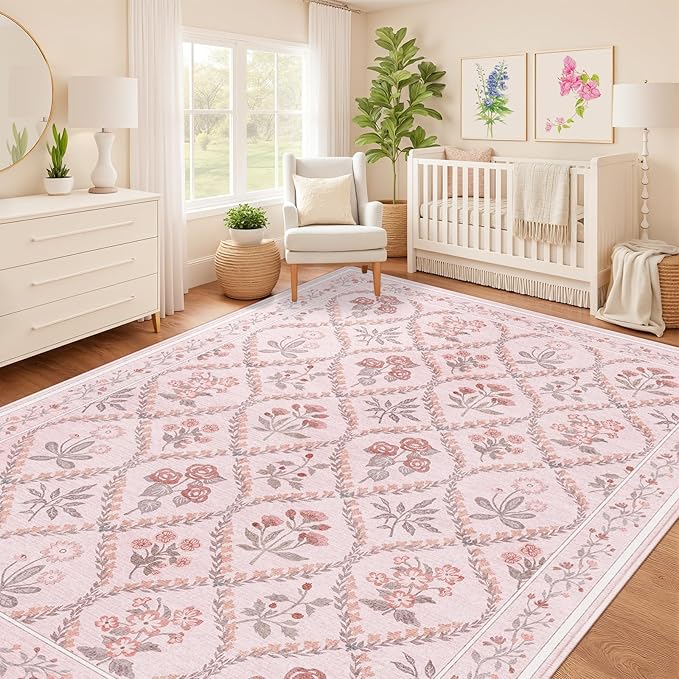Pink Rug for Bedroom Girls, 5x7 Washable Rug for Floral Nursery Decor, Cute Soft Low-Pile Non Slip Indoor Floor Carpet for Baby Kids Room Playroom Living Room Dorm, Pink Multi