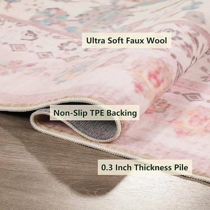 Area Rug - Vintage 5x7 Non-Slip Backing Area Rugs Light Pink Soft Faux Wool Carpet Foldable & Machine Washable Rugs for Living Room Bedroom Dining Room Nursery Home Office