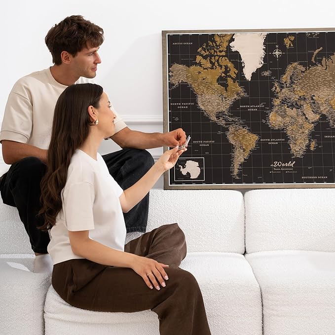 Canvas World Map with Cork Pin Board - English Lettering - Decorative Wall Decoration for All Rooms - Canvas Pictures with World Map Motif (90x60 cm, Pattern 5)