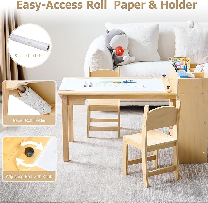Kids Art Table and 2 Chairs Set, Pine Plywood Toddler Activity Craft Desk with Storage Bins for Drawing, Writing, Reading, Ideal for Nursery, Playrooms & Classroom