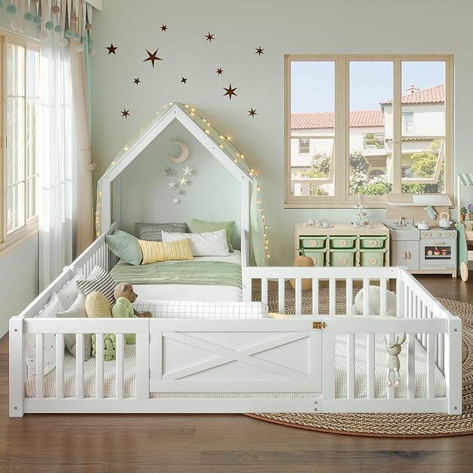 Harper & Bright Designs Twin Size House Shaped Double Floor Bed with Door and Full-Length Guardrails, Solid Wood Kids Montessori Floor Bed for Girls Boys, Multi-Function, White