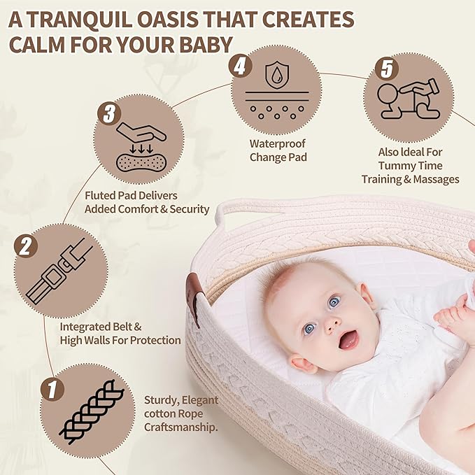 Deluxe Baby Changing Basket for Baby Dresser, Cotton Moses Baskets for Newborn, Babies Change Unisex Moses Changing Bassinet for Dresser, Foam Changing Pad Basket Changing Table Topper, Diaper Caddy