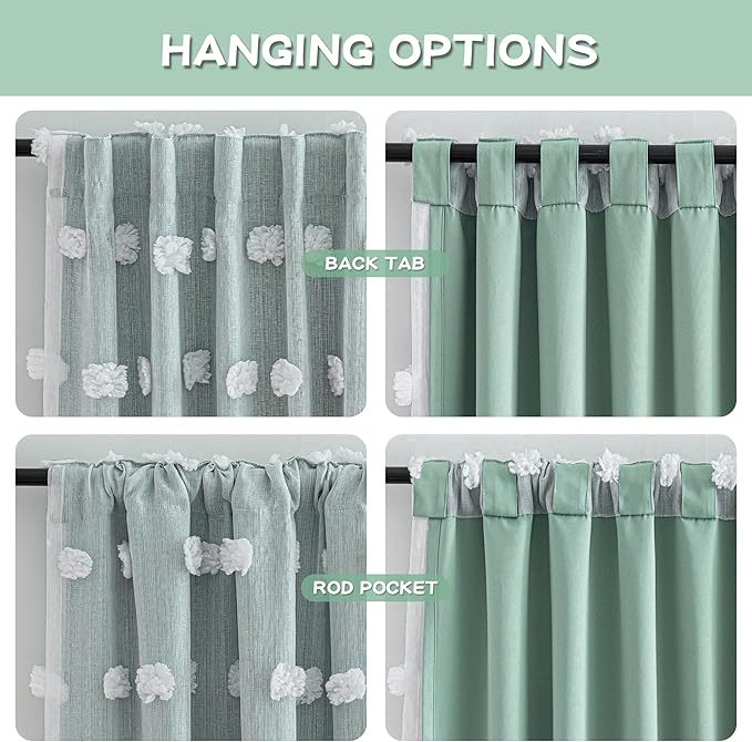 MYSKY HOME Green Blackout Curtains 84 Inches Long for Living Room Decor Kids Curtains for Boys Bedroom Double Layer Drapes White Pom Pom Sheer Back Tab Room Darkening, Aqua, 52 x 84 Inch 2 Panels