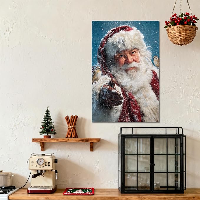 YONICA Christmas Canvas Wall Art Snowy Santa 18x24 Inch Winter Scene with Birds and Snowfall - Large Framed Gallery Wrapped Nature Theme