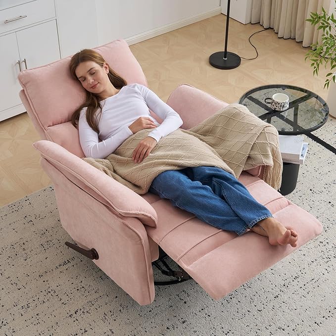 Oversized Recliner Chair, 26" Extra Wide 360° Swivel Rocker Recliner with Adjustable Headrest, Chenille Glider Rocking Nursery Chair with Overstuffed Armrest, Lumbar Support, Pink