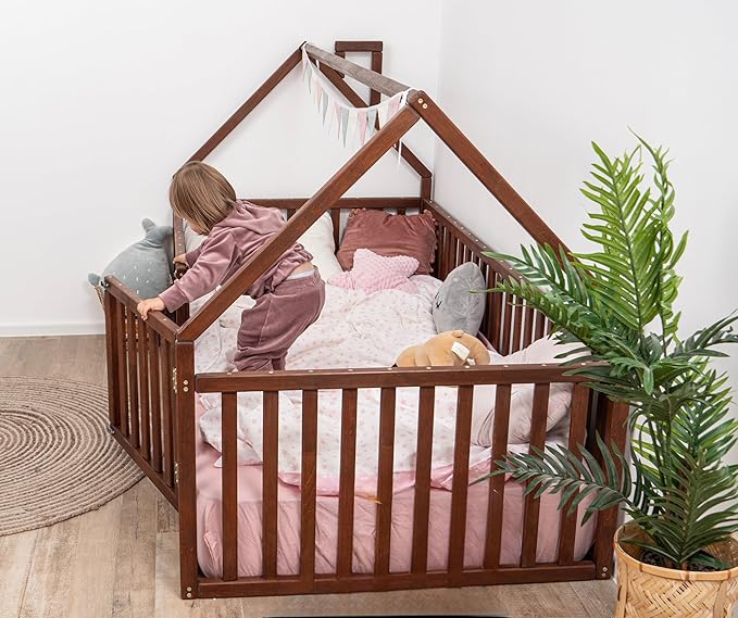 BUSY WOOD House Wooden Playpen - Montessori Floor Bed with Safe Gate - Toddler Bed - Floor Bed - Frame with Fence and Door - Toddler Bedroom Furniture - Full, Twin, Queen, King Size (Model 6)