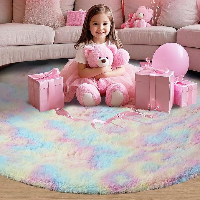 Round 4x4ft Fluffy Rainbow Rug: Ultra Soft Furry Girls Bedroom Carpet- Colorful Oval Plush Shag Nursery Rug for Girls Room & Kids Room, Cute Home Decor