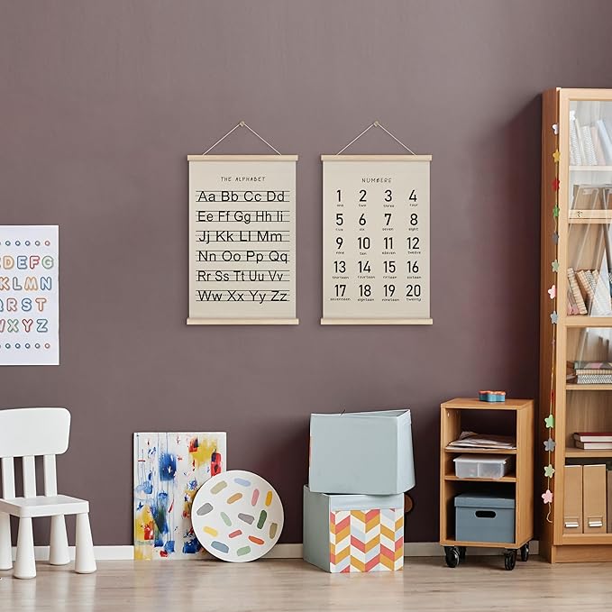 HRQKO Alphabet Numbers Poster Hanger Frame Set of 2, Nursery Wall Decor, Black ABC Poster Wall Art with Wooden Frames, Alphabet Banner Wall Hanging Decor for Boy Toddler Room Playroom, 16x24 inch
