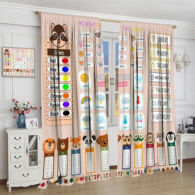 Funny Kids Educational Alphabet Curtain Cartoon Colorful Weather Multiplication Table Printed Rod Pocket Blackout Window Treatments for Bedroom Living Room 72" W X 63" L