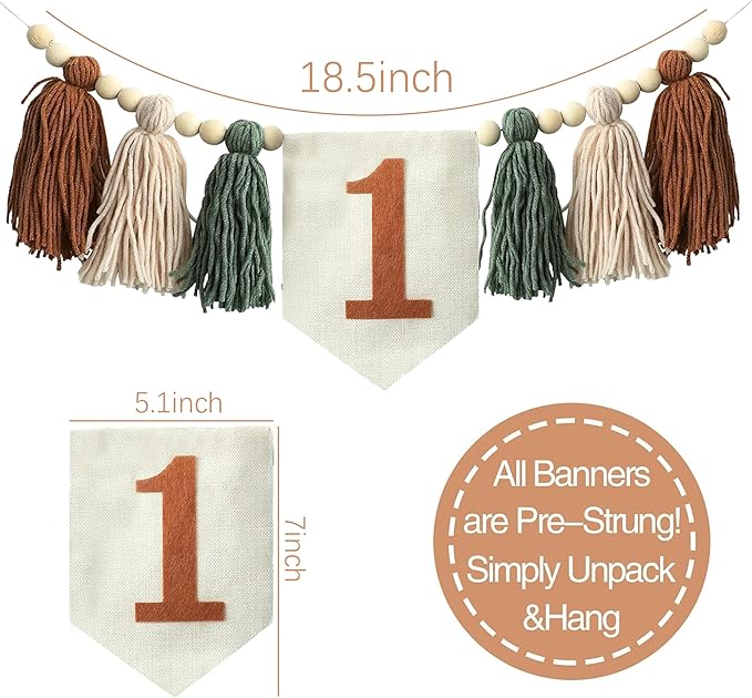 Jungle Wild One Handmade 1st Birthday High Chair Banner First Highchair Banner For Baby Boys Green Brown Wall Hangings Boho Wood Bead Tassel Garland 1 Birthday Party Decorations Photo Props