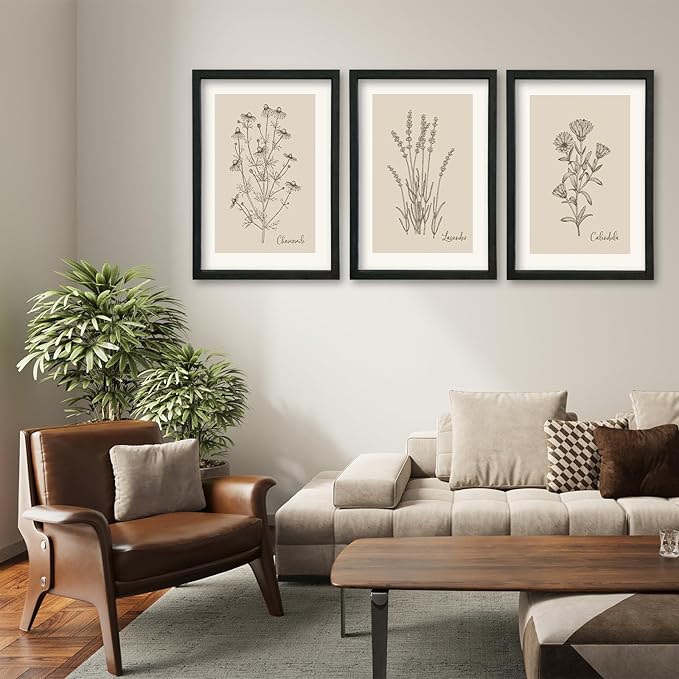 YWJKWLGS Vintage Botanical Wall Art 16x24 Inch Set Of 3 Wooded Framed Minimalist Rustic Wildflower Pictures Floral Sign Bedroom Wall Hanging Decor (Black)