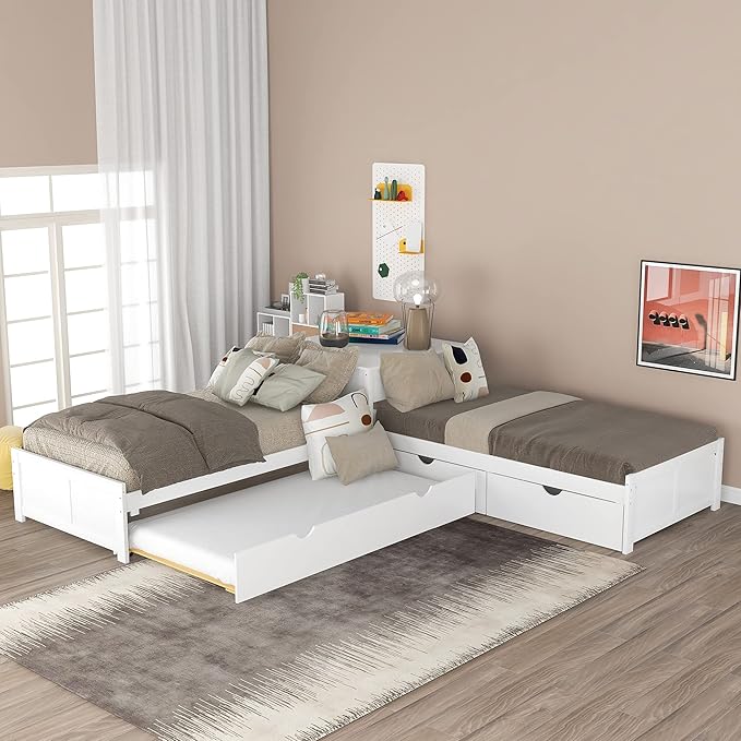 Harper & Bright Designs L-Shaped Platform Bed Frame with Trundle and Drawers Linked with Built-in Desk for Kids Boys Girls, Twin, White